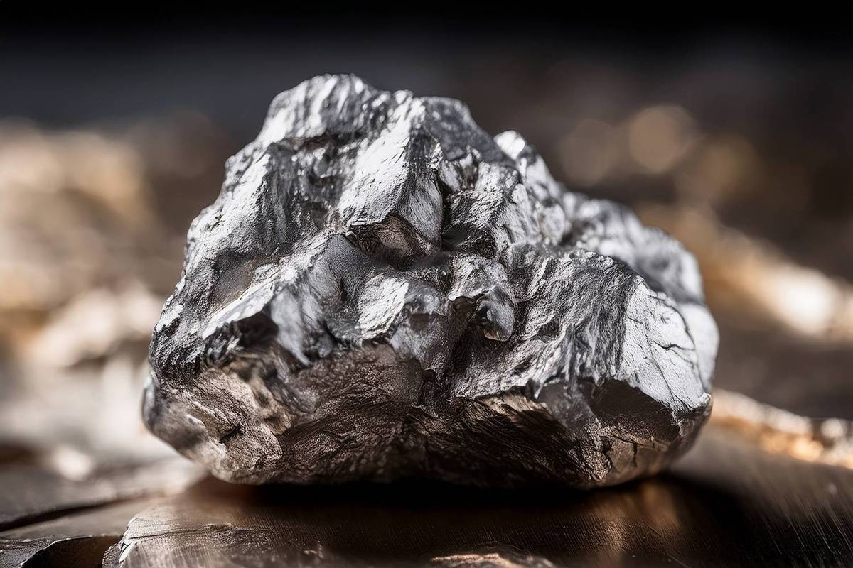 A rough metallic rock with a shiny silver surface sits on a blurred brown background.
