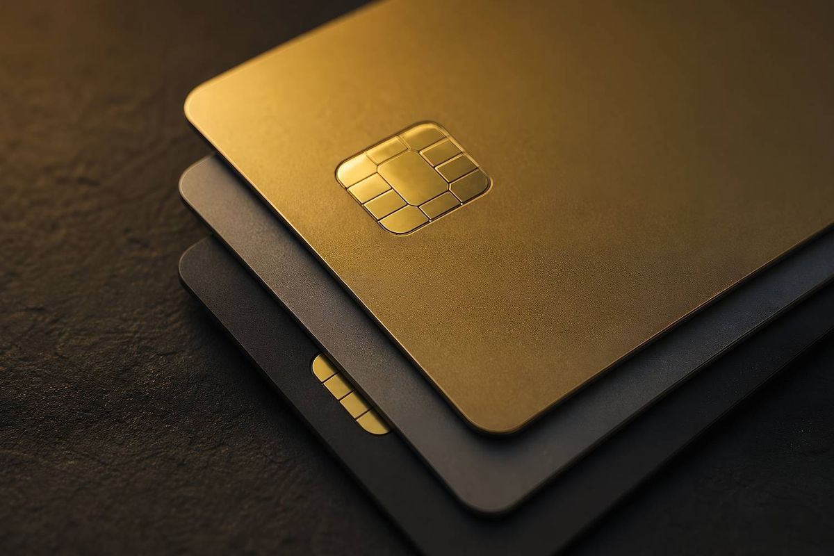 A stack of gold and black credit cards with a visible chip sit on a dark textured surface.