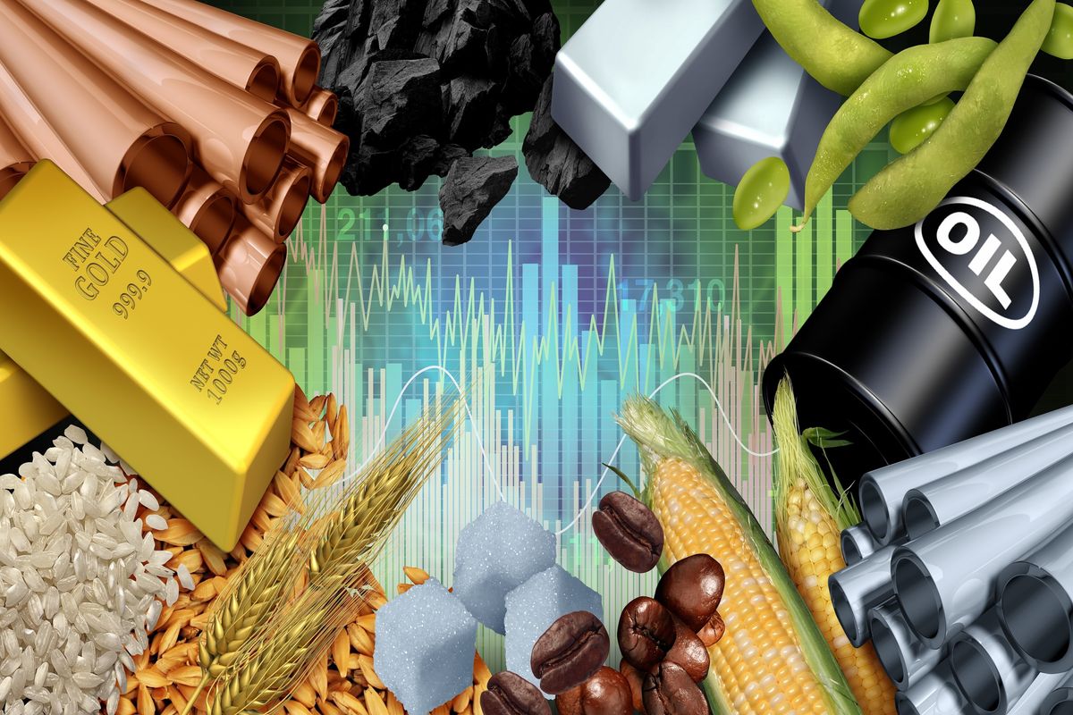 ​A variety of commodities with a stock chart.