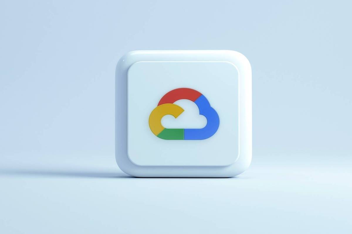 A white square block with a multicolored cloud logo sits on a light blue background.