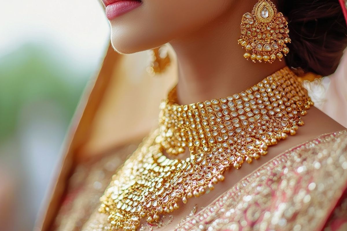 A women wearing a gold necklace and earrings.