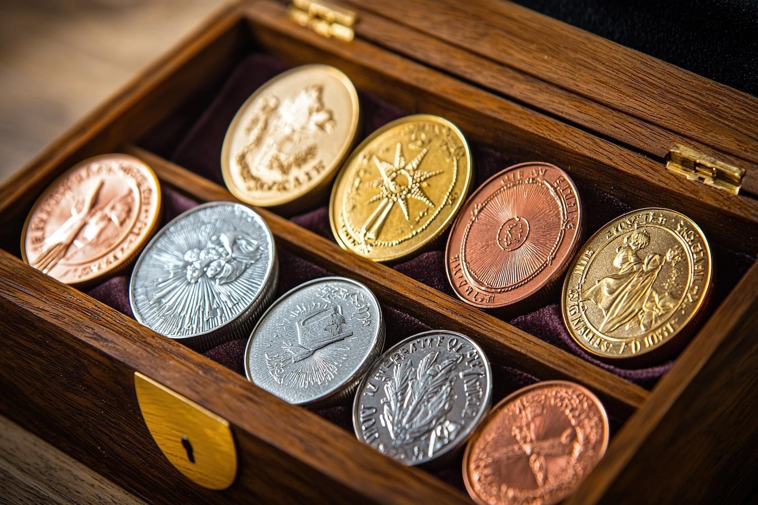 A wooden box with assorted gold, silver and copper coins displayed inside.