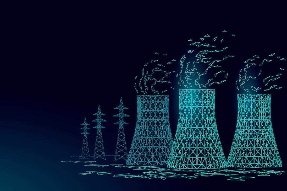 Abstract digital illustration of cooling towers and power lines on a dark background.