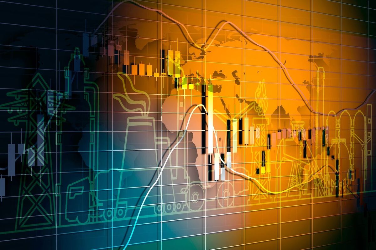 Abstract financial chart with industrial imagery and global map background.