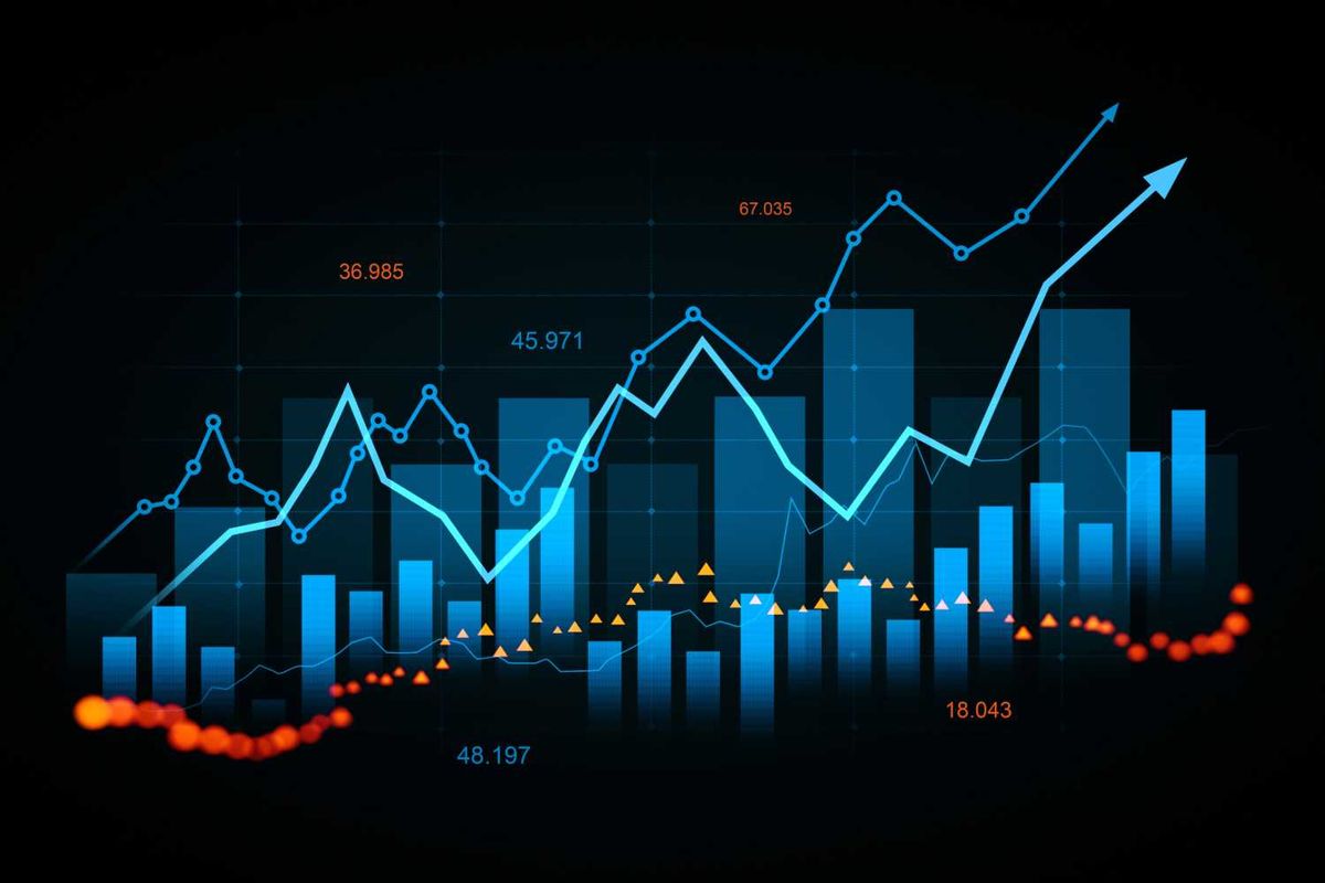 Abstract financial chart with rising line graph and bar graphs on a dark background.