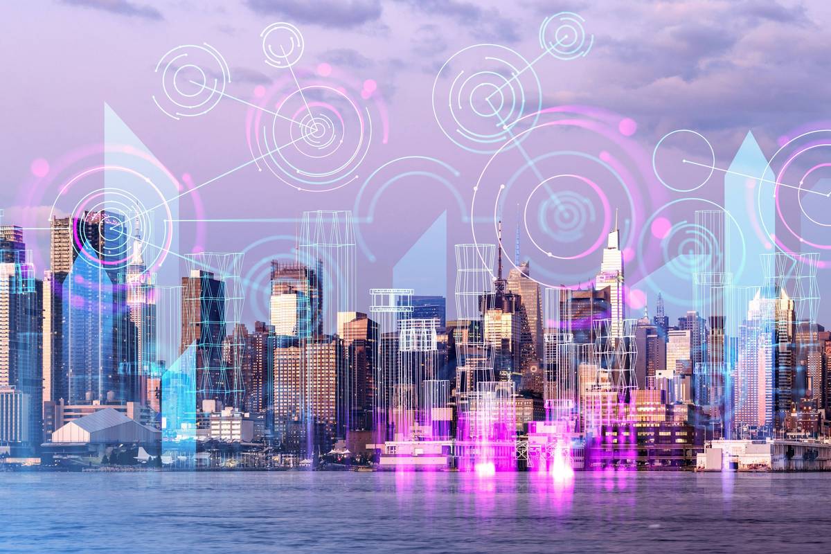 Abstract geometric patterns overlay a city skyline with glass skyscrapers reflecting sunset colors over a calm river.