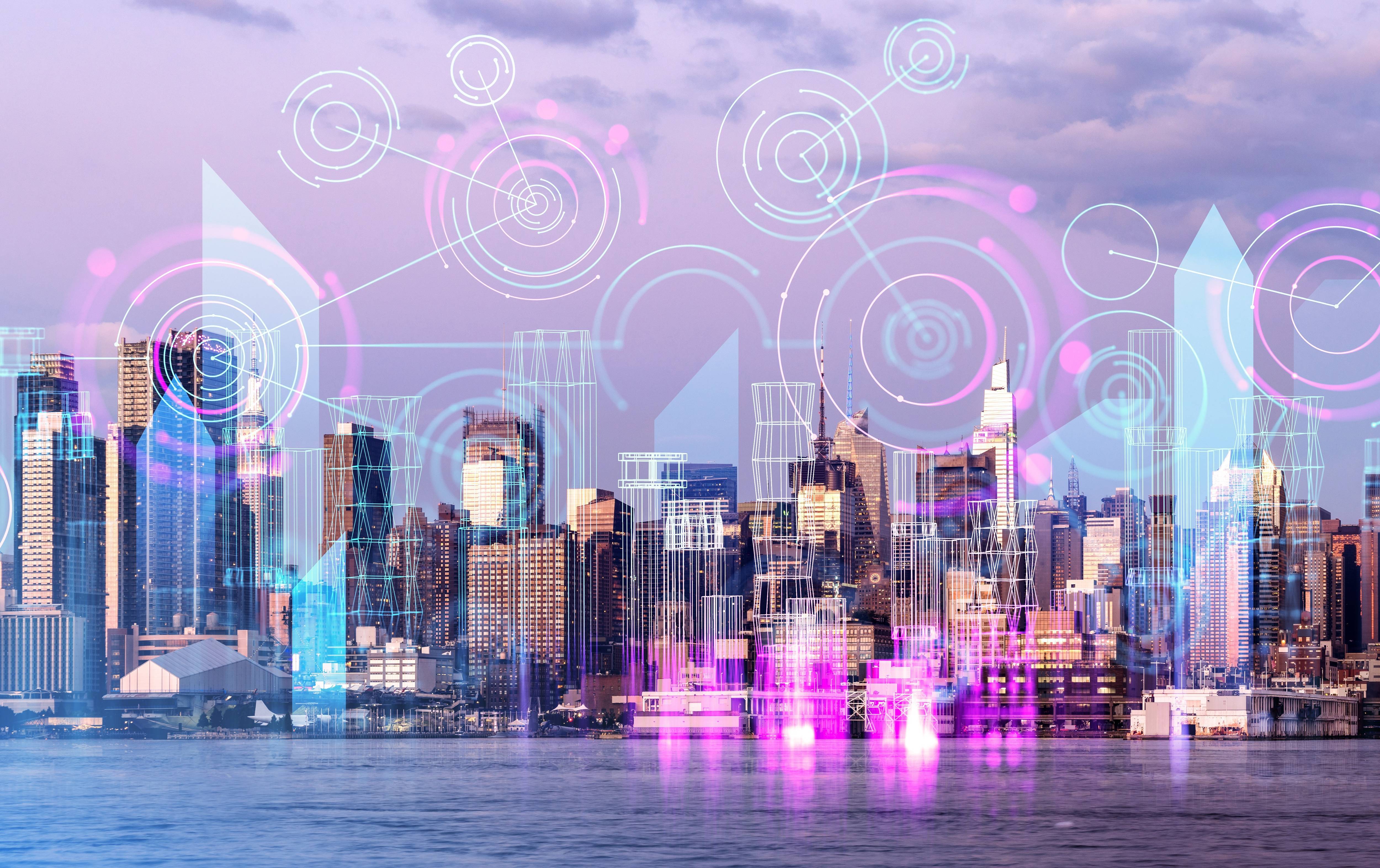Abstract geometric patterns overlay a city skyline with glass skyscrapers reflecting sunset colors over a calm river.