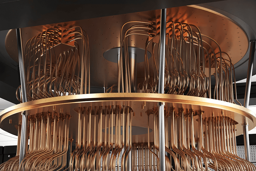 Advanced quantum computer hardware with complex copper wiring and futuristic design.