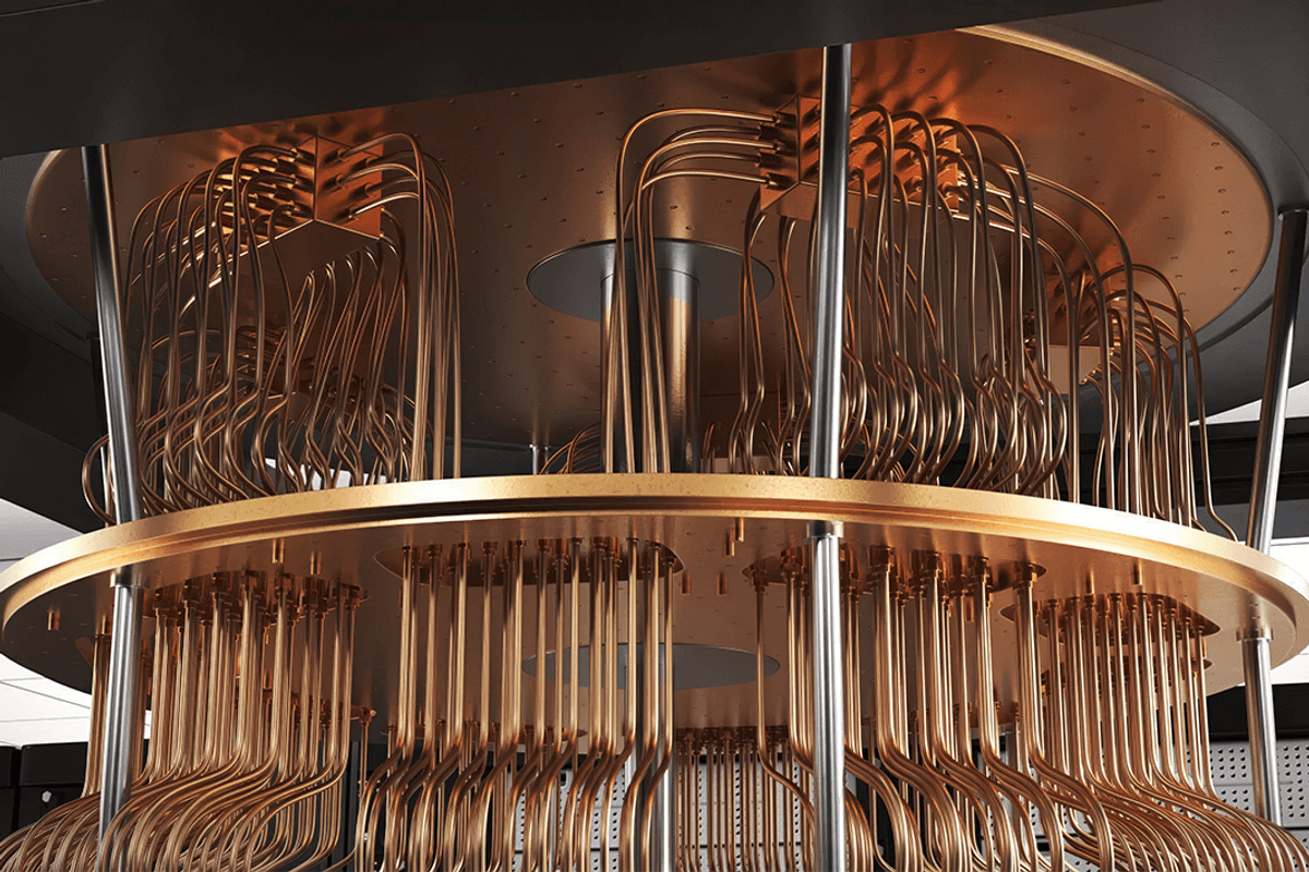 Advanced quantum computer hardware with complex copper wiring and futuristic design.