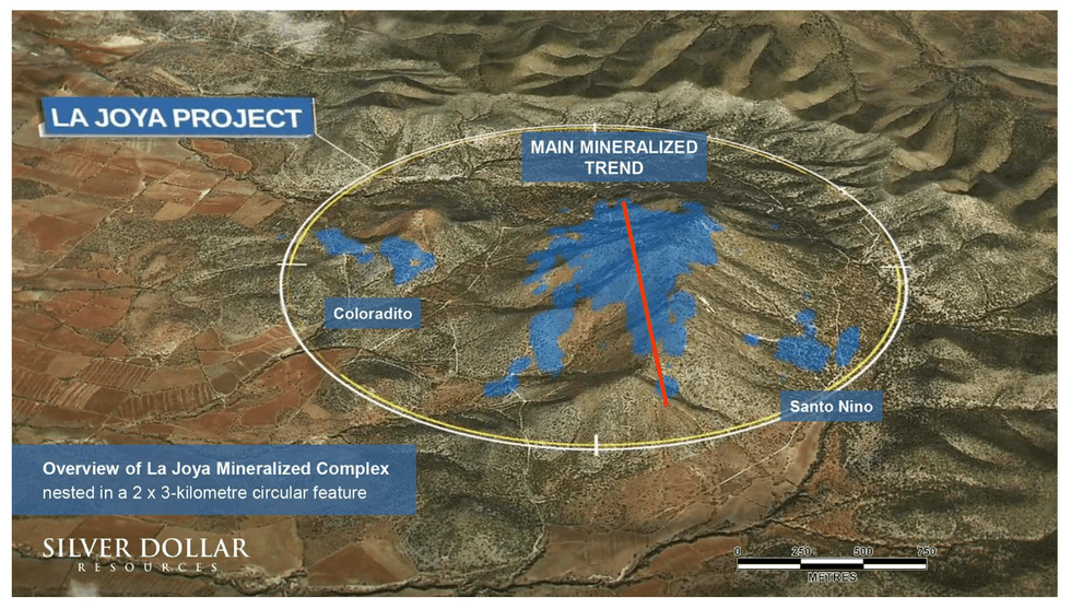 Aerial map showing Silver Dollar Resources' La Joya Project with text: Main Mineralized Trend, Coloradoito, Santo Nino, and overview description.