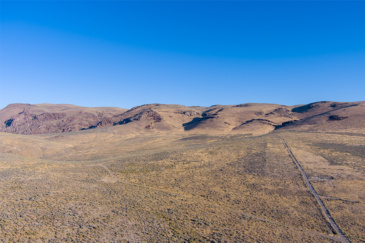 Aerial view of a dirt road at Thacker Pass in Nevada, US.