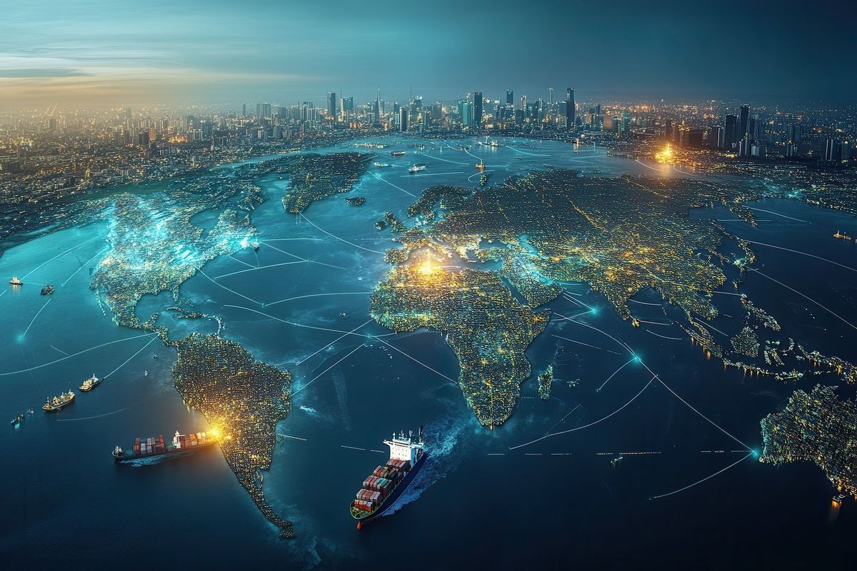 Aerial view of a glowing world map overlay on a cityscape, depicting global connectivity.