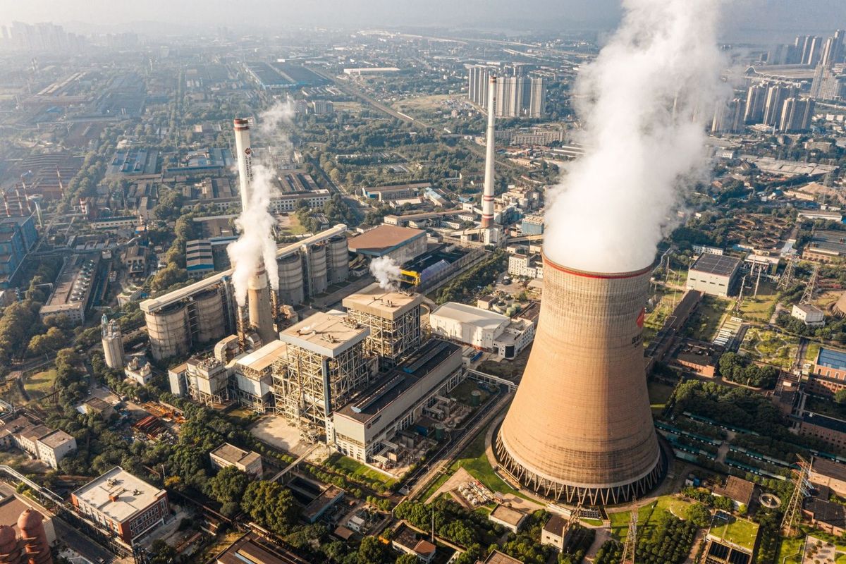 Aerial view of cooling tower of nuclear power plant in Wuhan, China.
