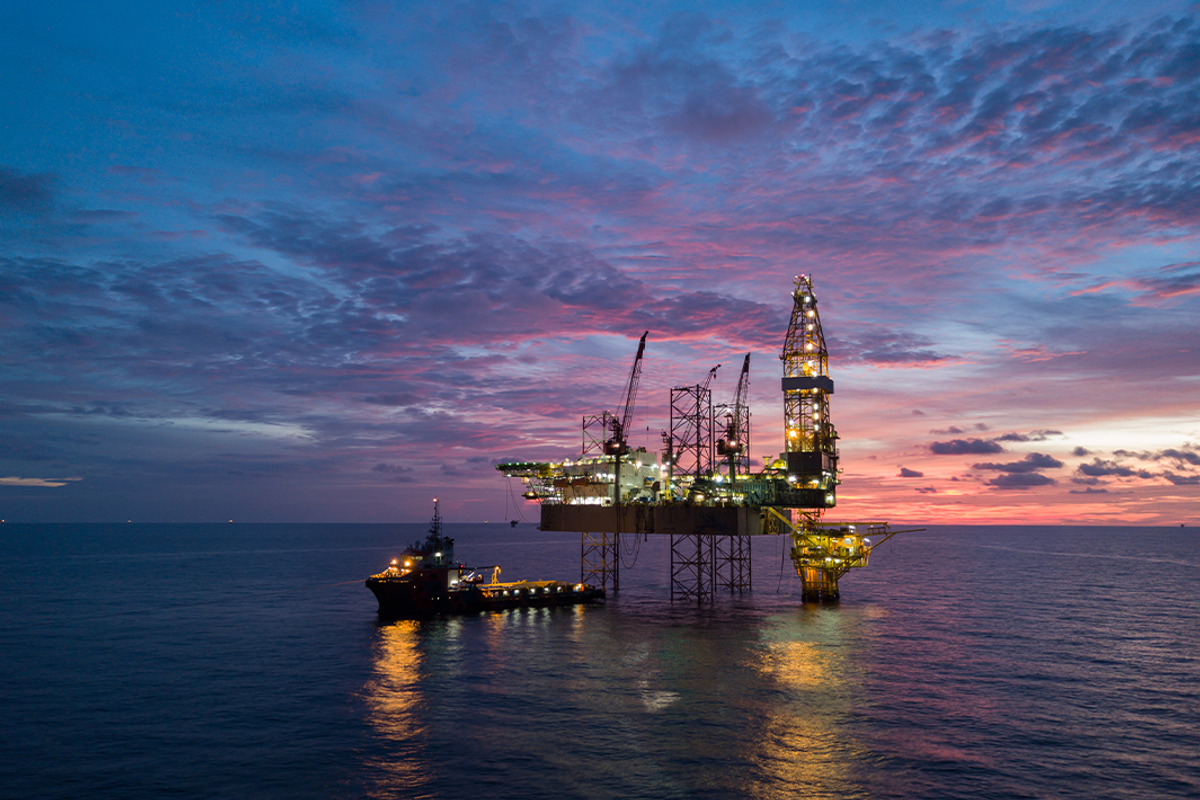Aerial view of offshore drilling rig.