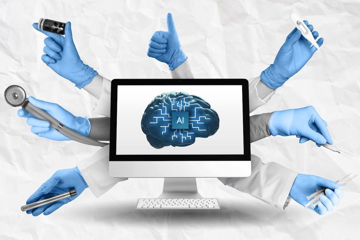 AI brain on computer screen with several medical devices.