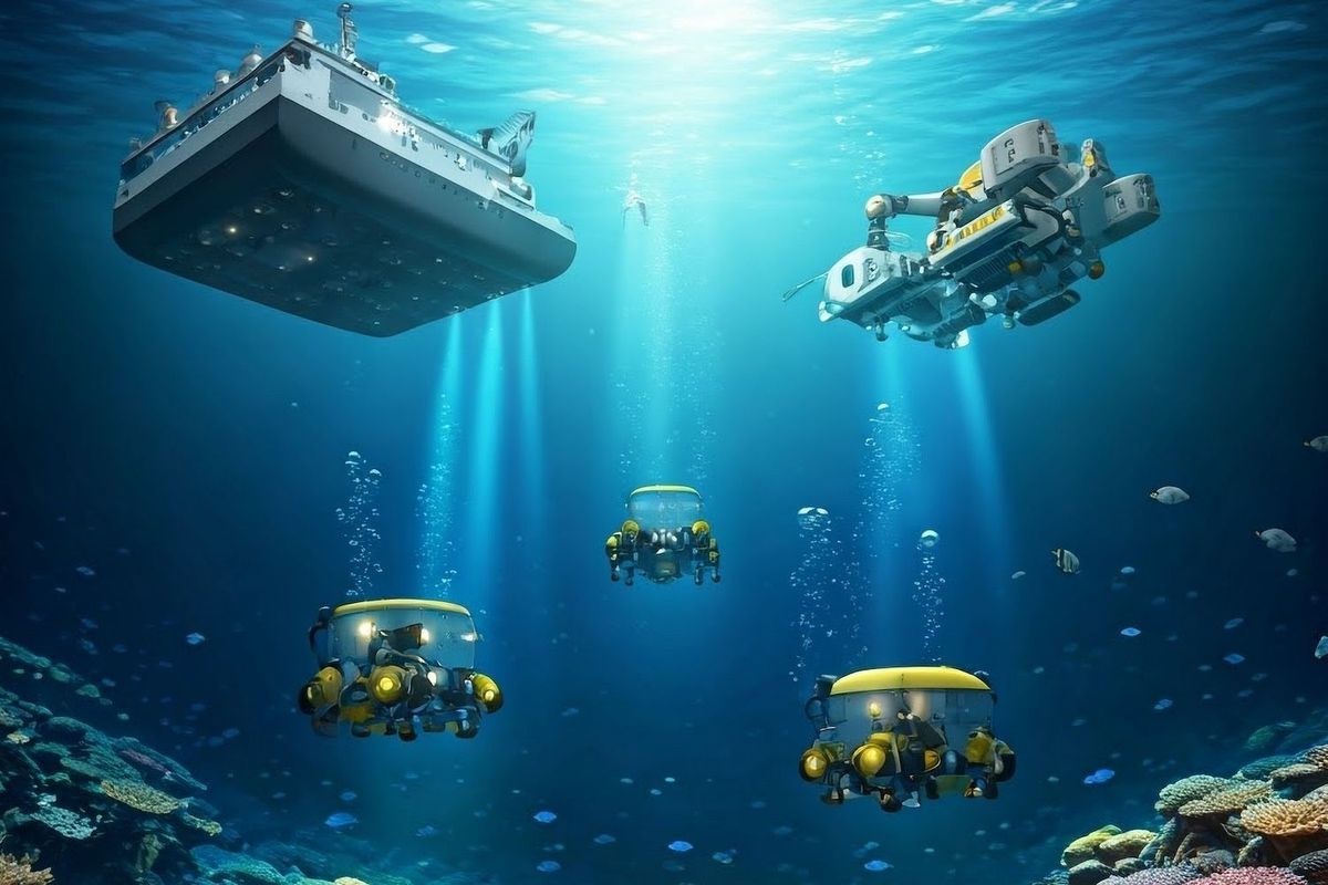 AI-generated image depicting various deep-sea mining tools.