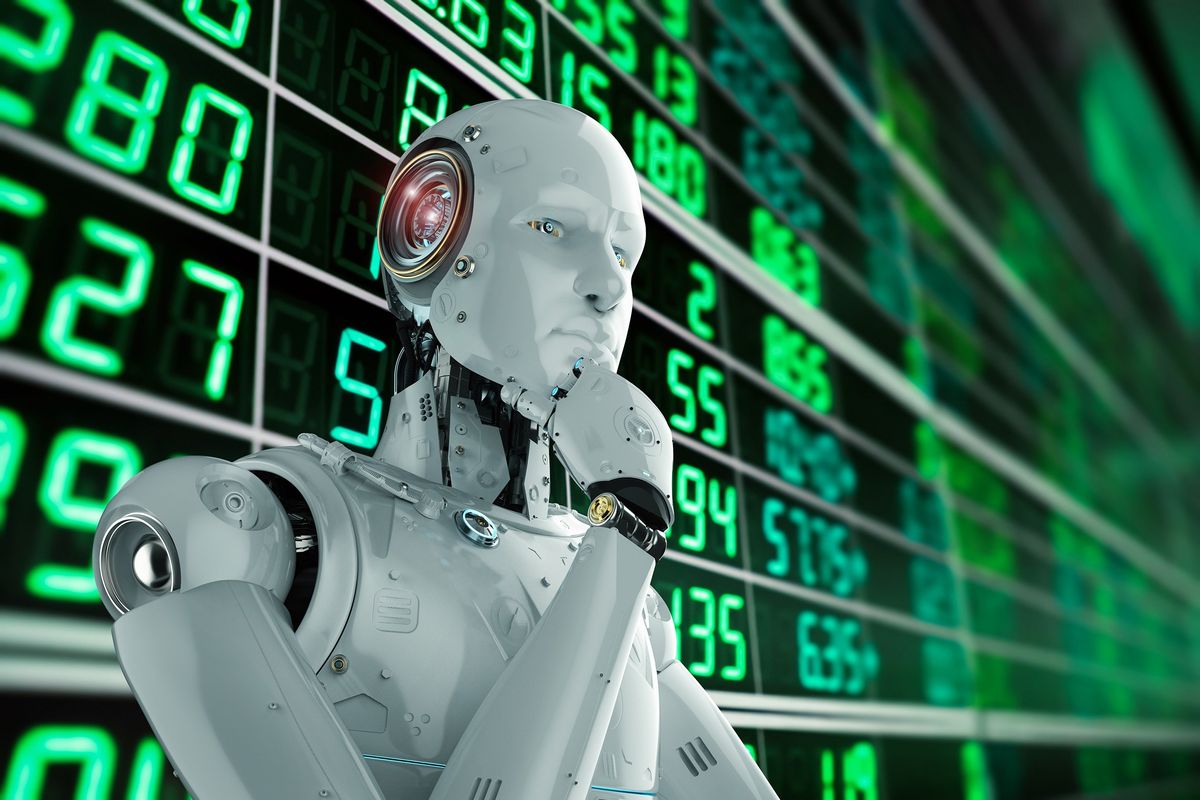 ai robot standing in front of a stock ticker chart and analyzing stocks