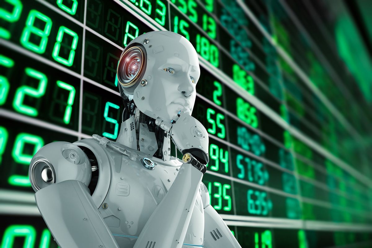 ai robot standing in front of a stock ticker chart and analyzing stocks