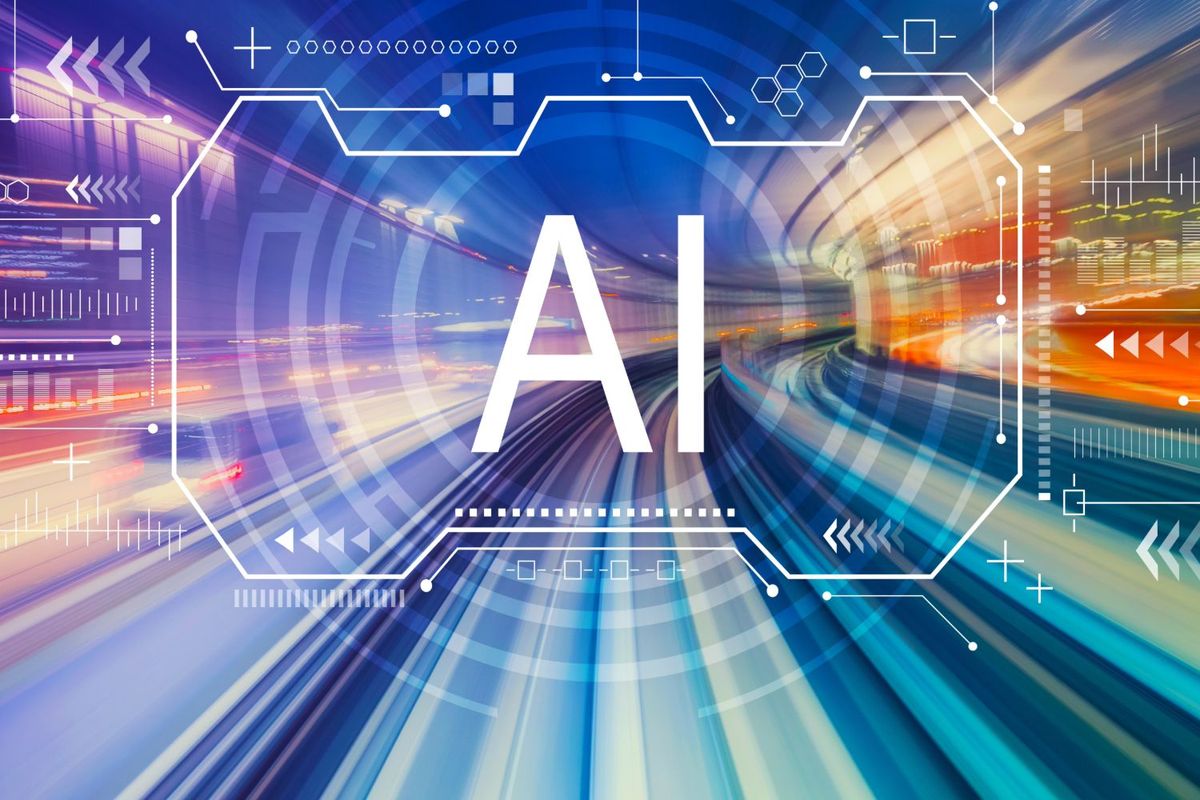 AI text over a vibrant, futuristic, technological background with dynamic lines and symbols.