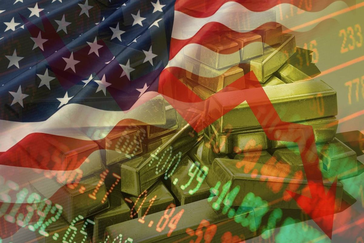 American flag over gold bars, red descending line, and green stock market numbers; Text reads: 233, 21.84.
