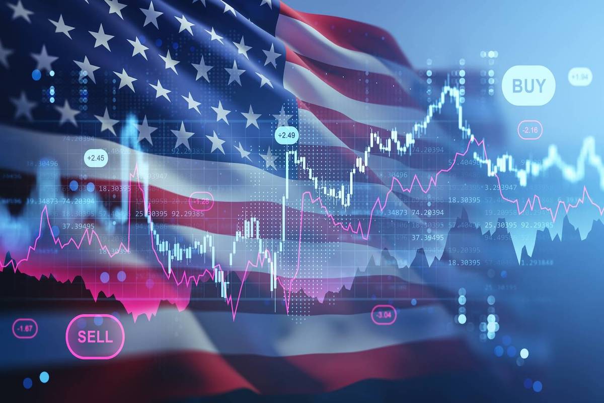 American flag overlaid with financial graphs.