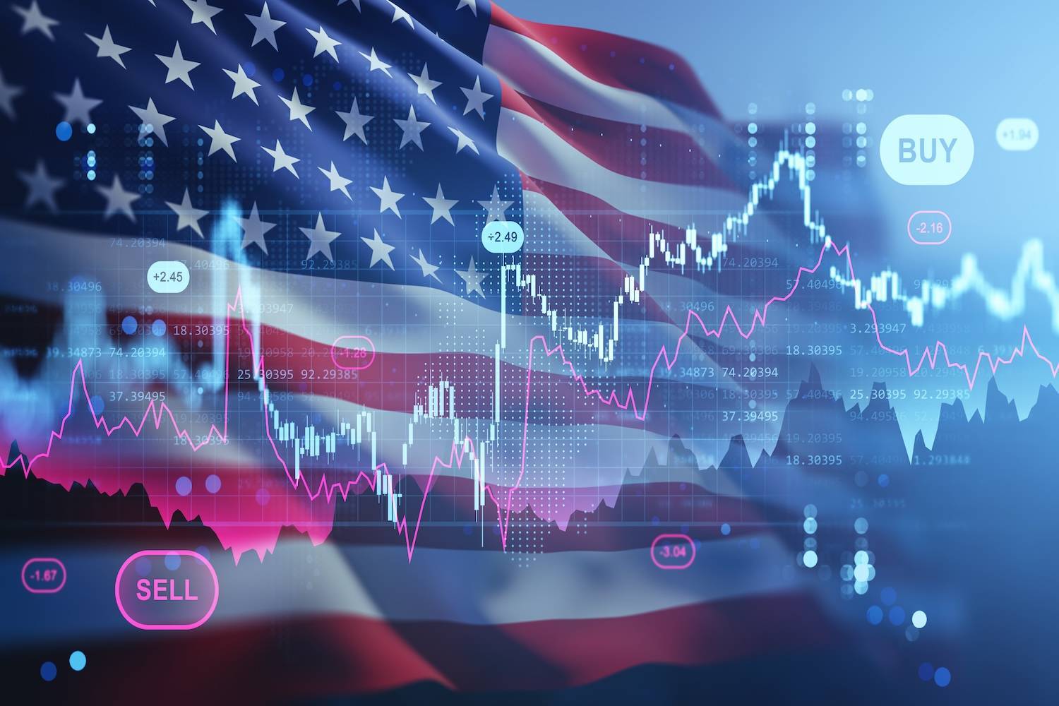 American flag overlaid with financial graphs.