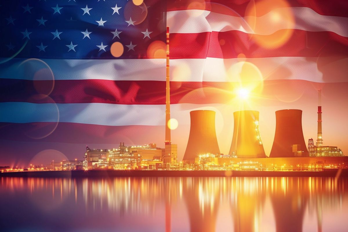 American flag overlays a glowing nuclear power plant with cooling towers at sunset.