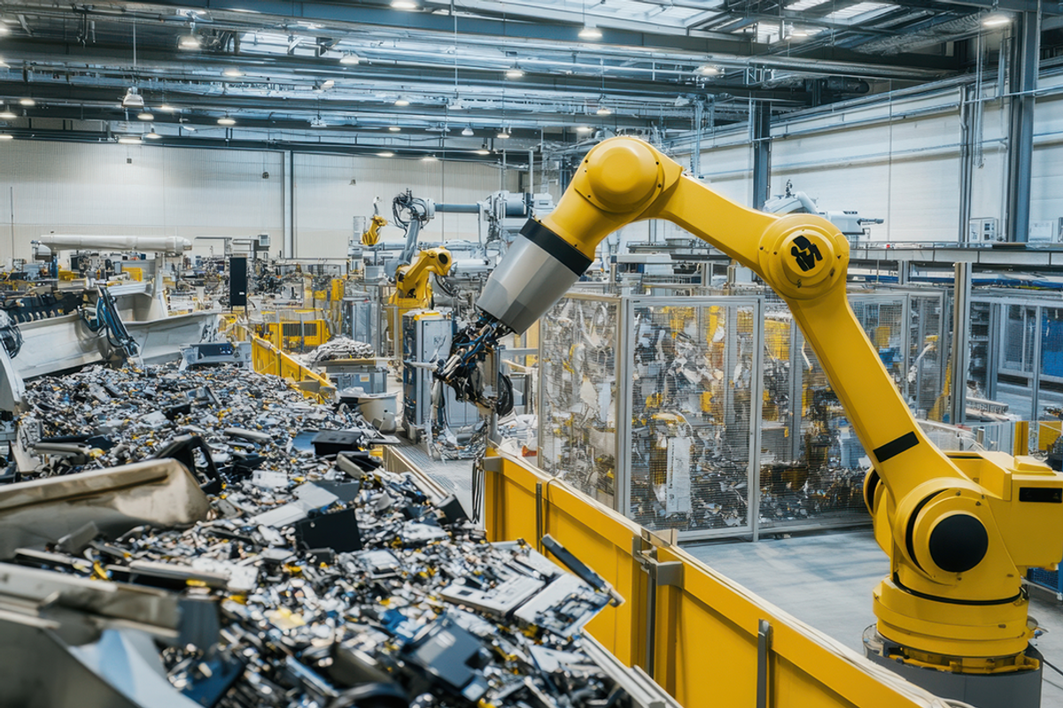 An advanced recycling plant where robotic arms are sorting and processing rare earth metals.