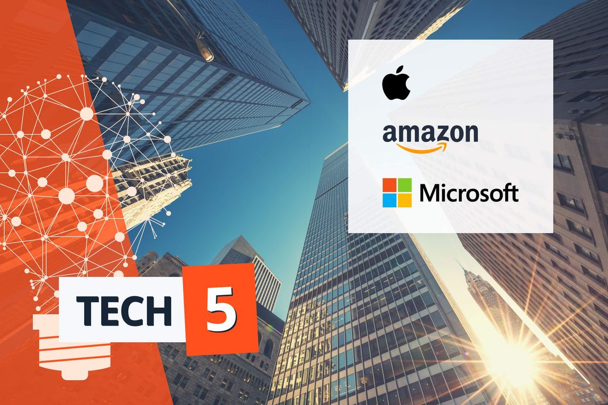 Apple, Amazon and Microsoft logos against tall buildings.