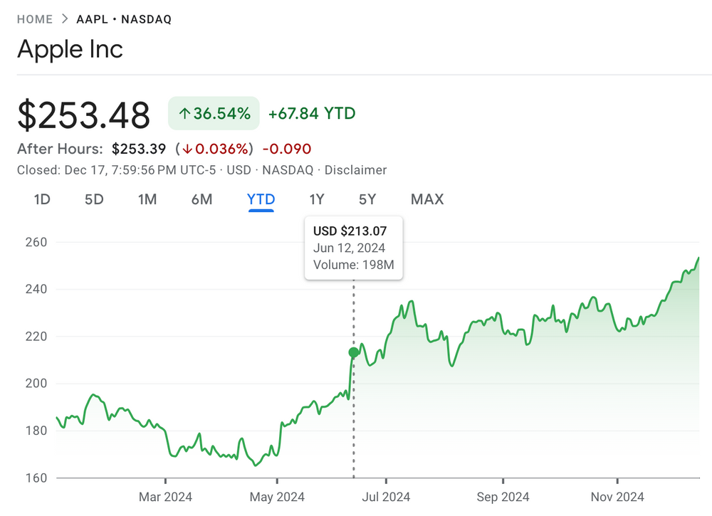 Apple performance, January 1 to December 17, 2024.