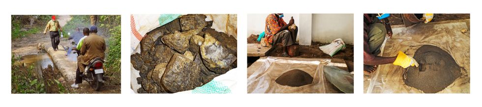 Artisanal mining process for coltan over four images.