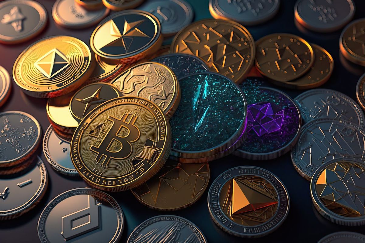 Assorted digital cryptocurrency coins, including Bitcoin and Ethereum, on a dark surface.