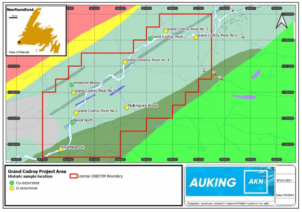 Auking Mining's Grand Codroy project area