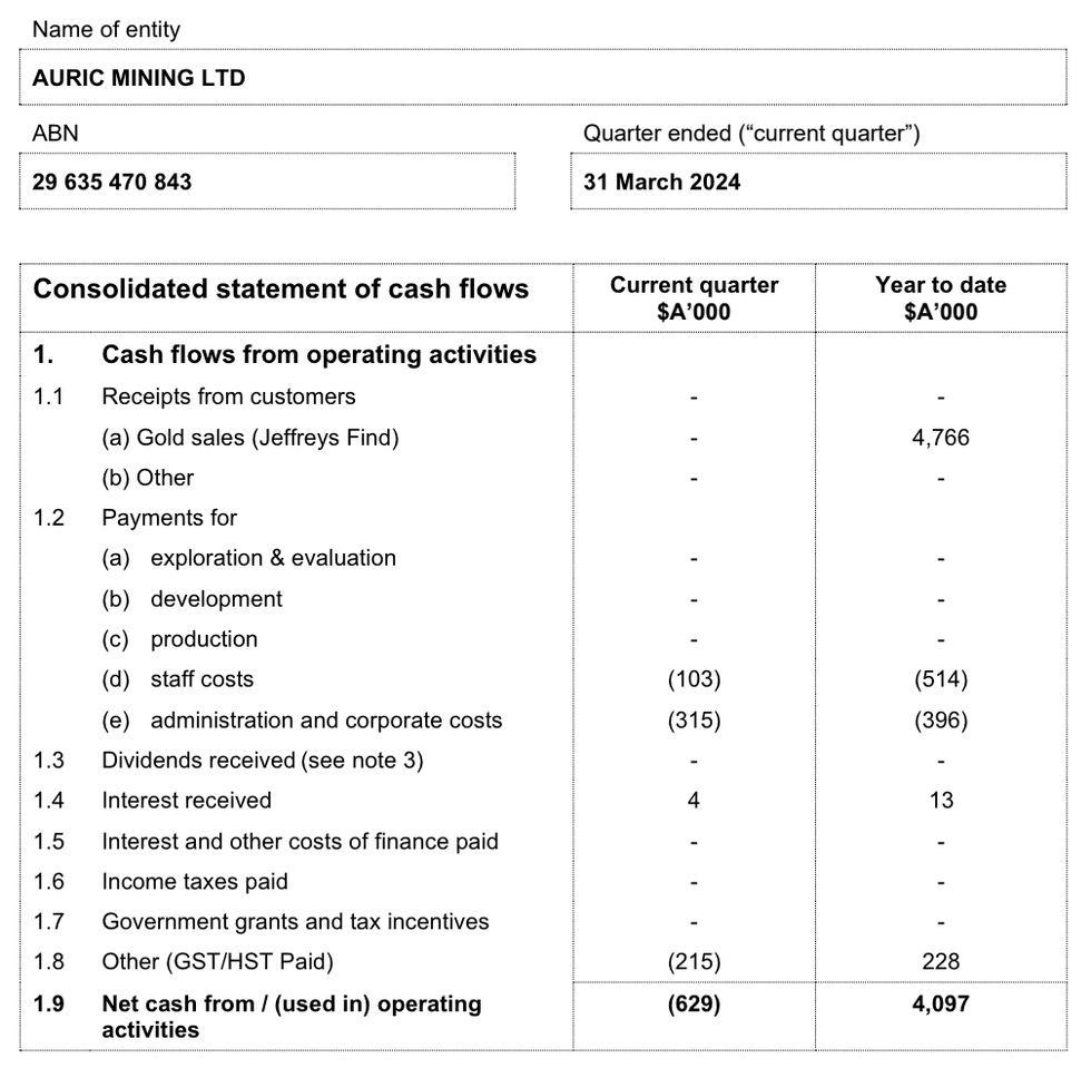 Auric Mining Cashflow report