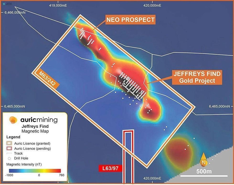 Auric Mining's magnetic image of the gold resource at Jeffreys Find