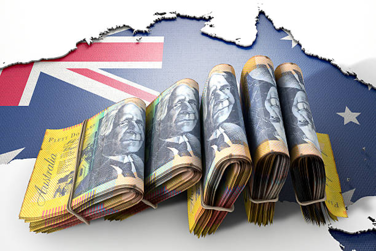 Australian dollars Australian flag in the background.