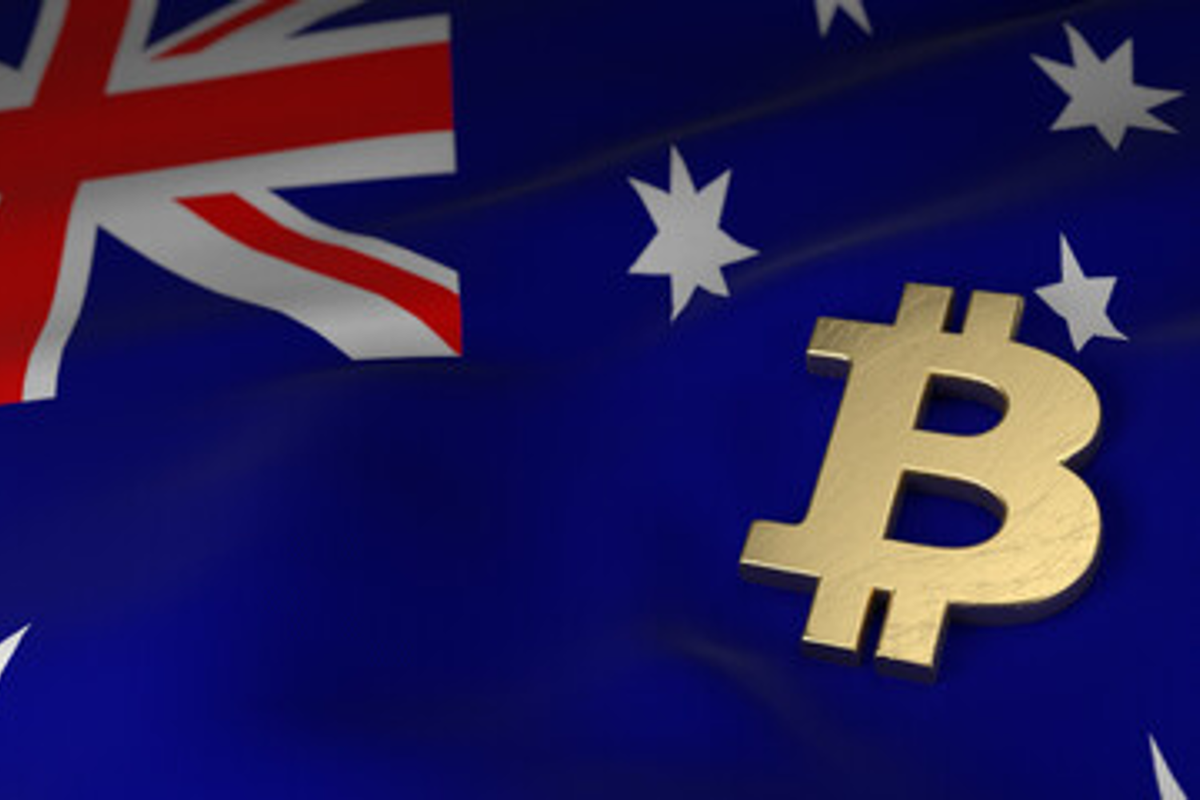 Australian flag with a Bitcoin symbol overlay.