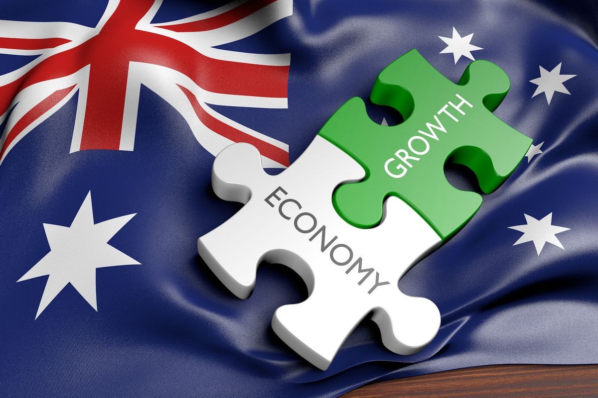 Australian flag with blocks labelled "economy" and "growth."