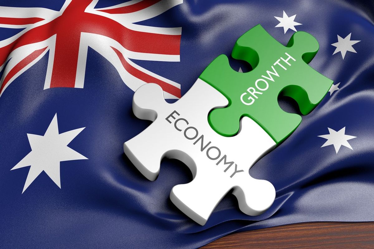 Australian flag with "economy" and "growth" blocks.