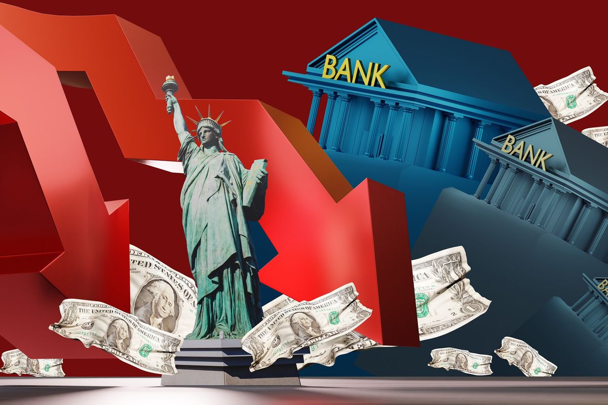 bank buildings collapsing with downward red arrows and us dollar bills