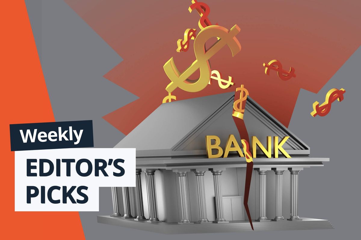 bank splitting in half with dollar signs scattering