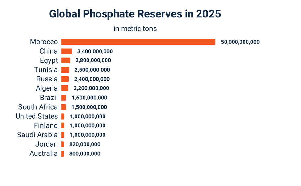 Bar chart of global phosphate reserves in 2025, with Morocco leading at 50 billion metric tons.