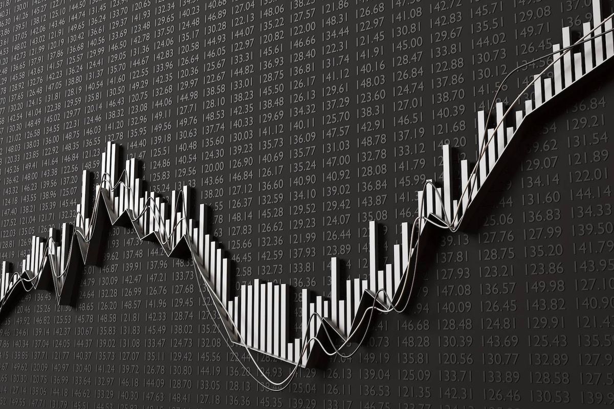 Bar graph with fluctuating data over a black background, text reads: 125.67, 134.57, 137.45, among other numbers.