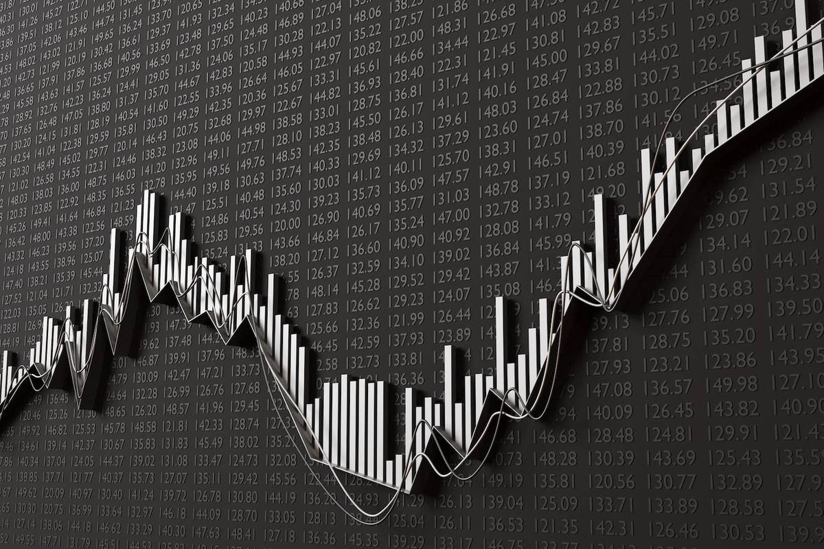 Bar graph with fluctuating data over a black background, text reads: 125.67, 134.57, 137.45, among other numbers.