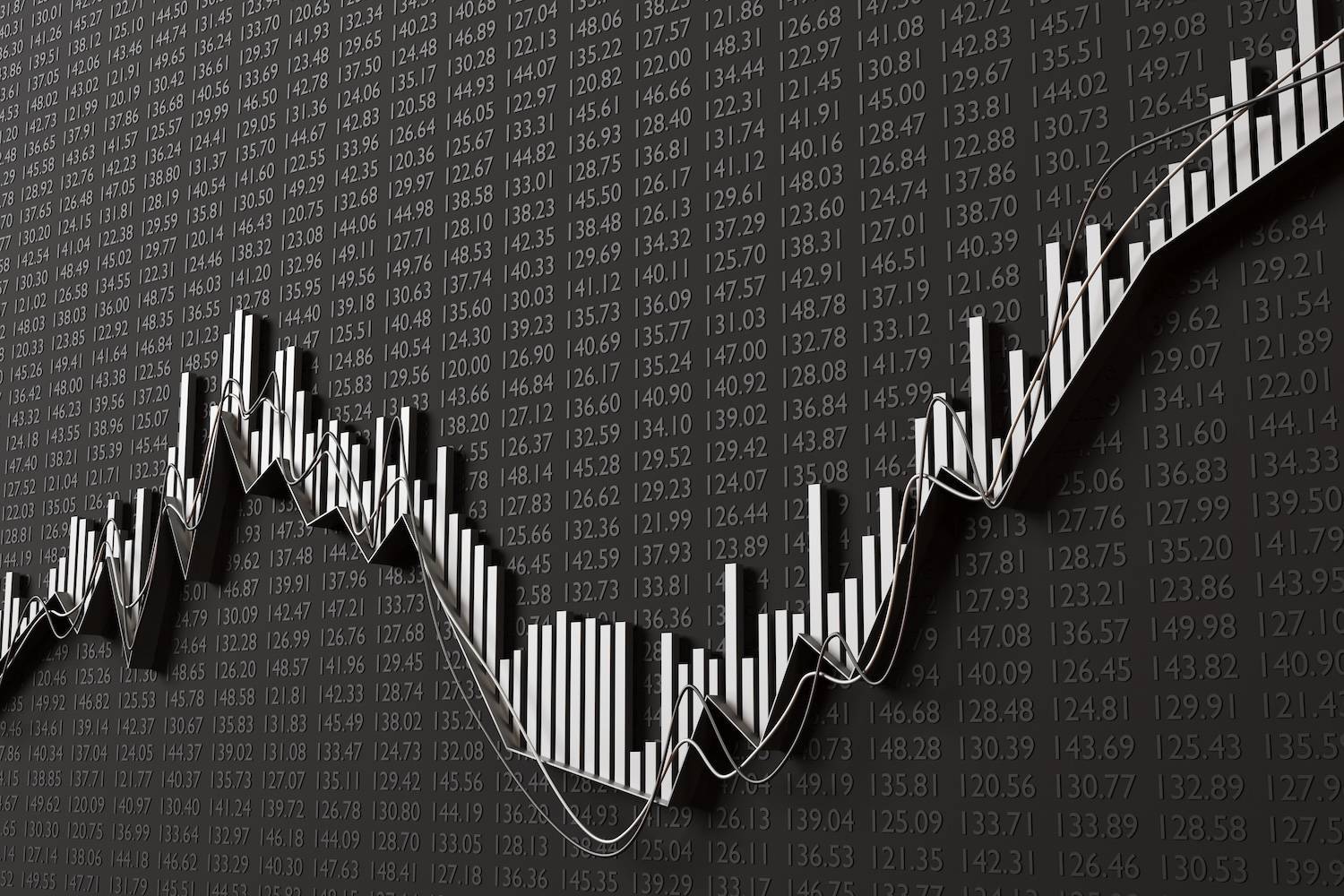 Bar graph with fluctuating data over a black background.
