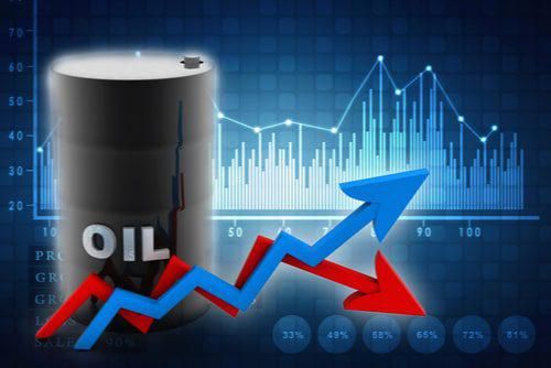 barrel of oil and graphs, with a blue arrow going up and a red arrow going down