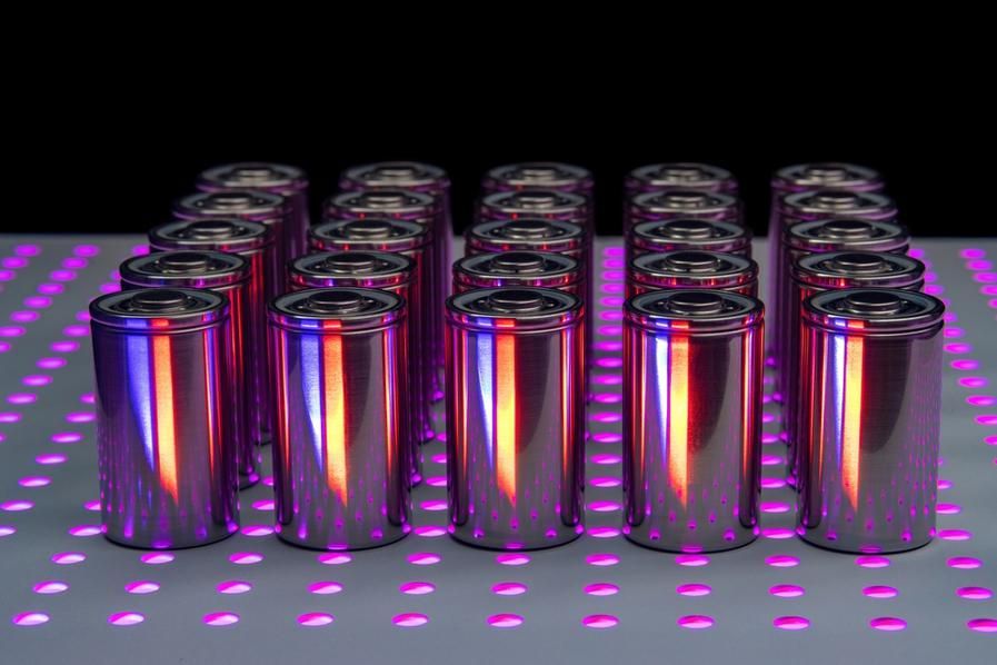batteries in rows with pink lighting
