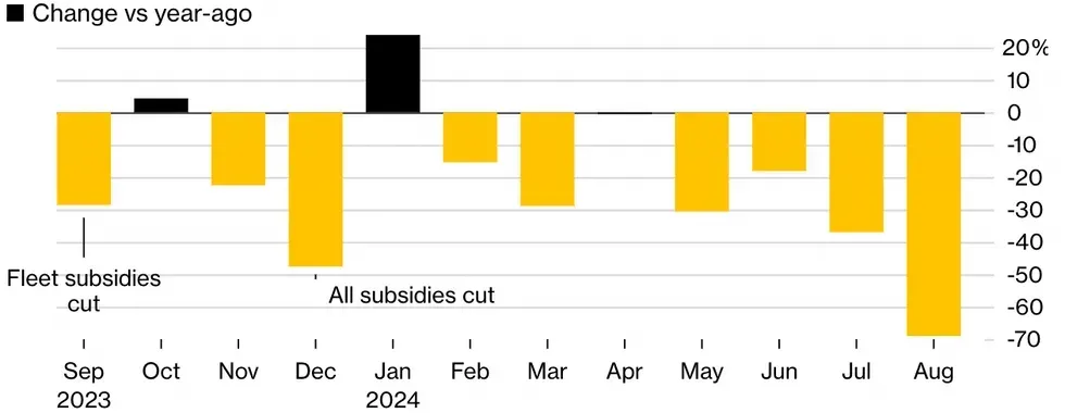 Battery car registrations declined after incentives were removed last year.