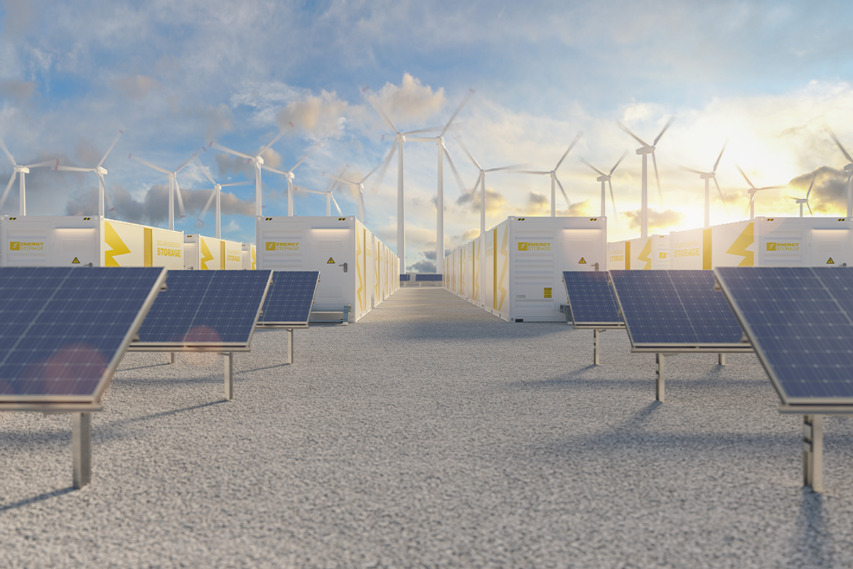 Battery storage power station accompanied by solar and wind turbine power plants.
