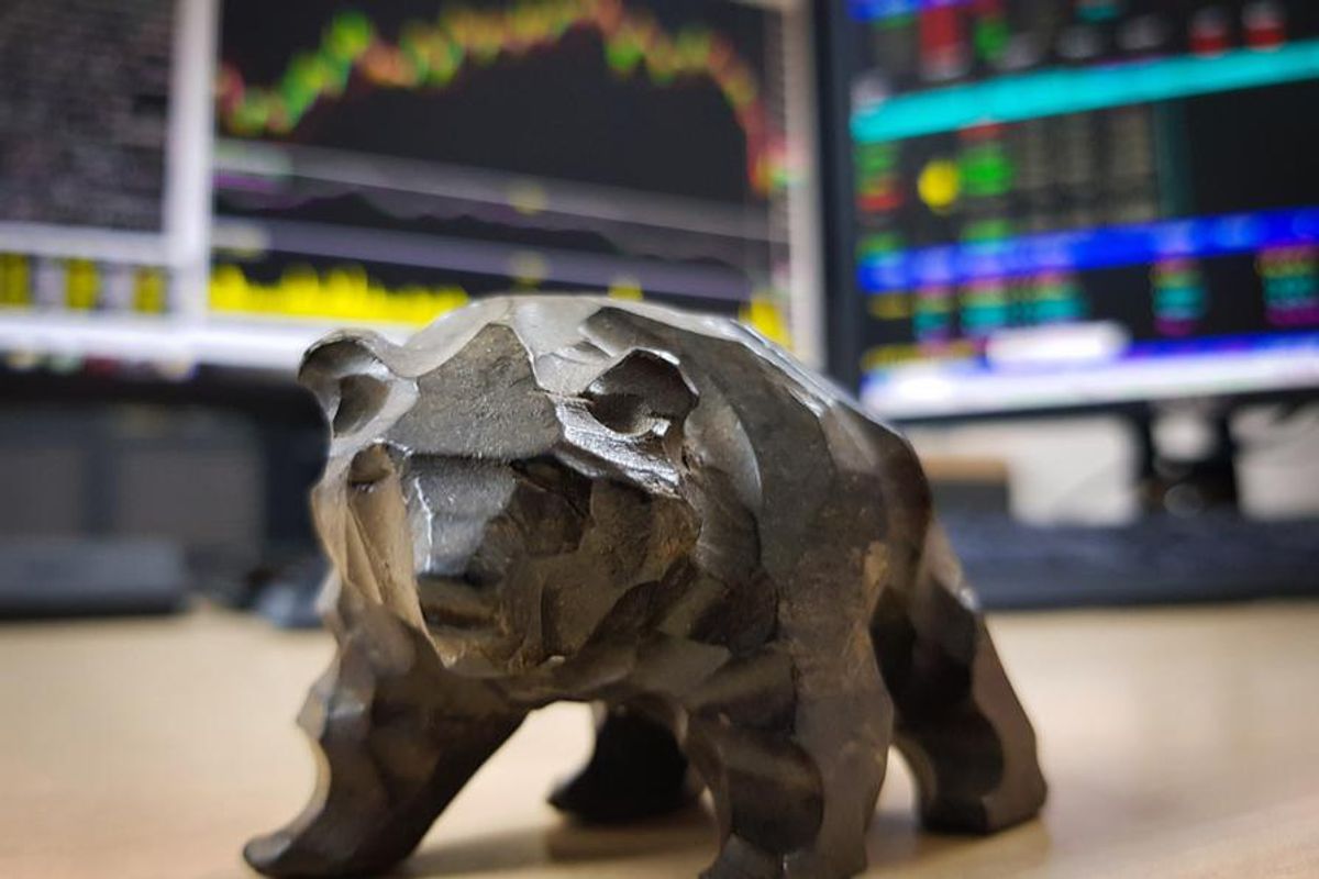 bear figurine with stock charts
